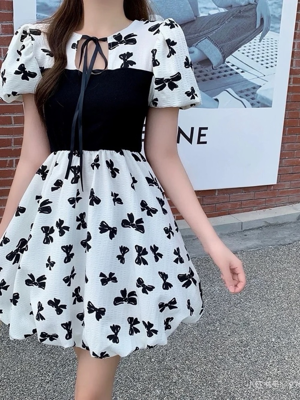 Black & White Bow Print Puff Sleeve Mini Dress | Square Neck Fit & Flare Dress